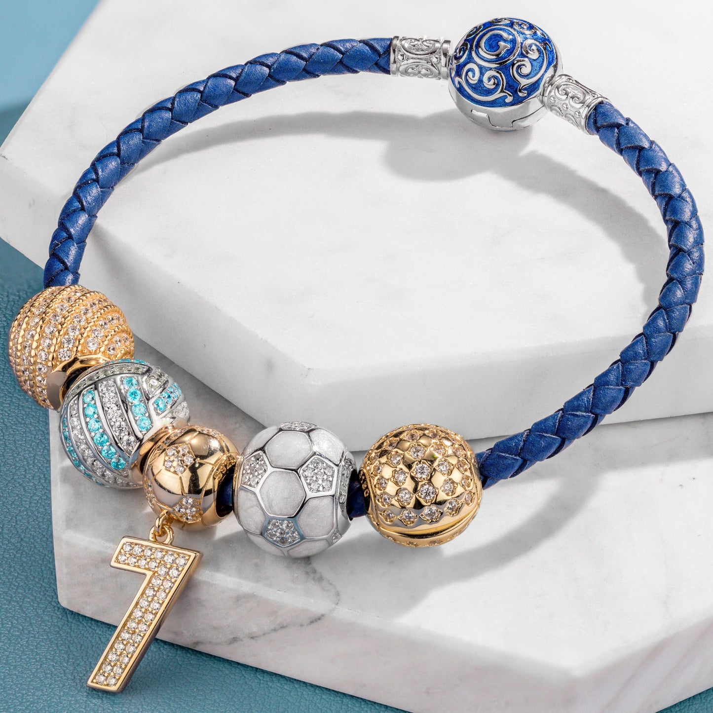 Sterling Silver Soccer Legend Charms Bracelet Set With Enamel, Featuring Dual Plating in 14K Gold and White Gold