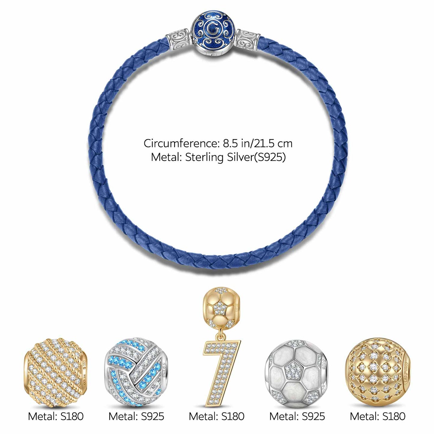 Sterling Silver Soccer Legend Charms Bracelet Set With Enamel, Featuring Dual Plating in 14K Gold and White Gold
