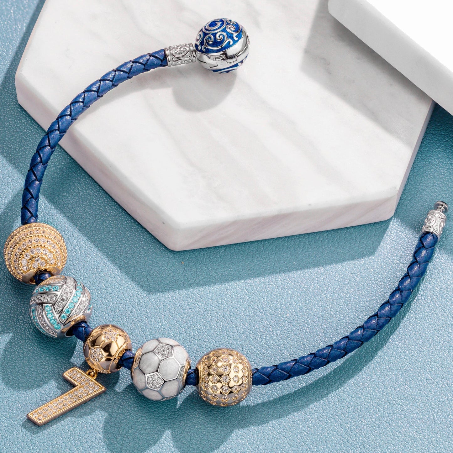 Sterling Silver Soccer Legend Charms Bracelet Set With Enamel, Featuring Dual Plating in 14K Gold and White Gold