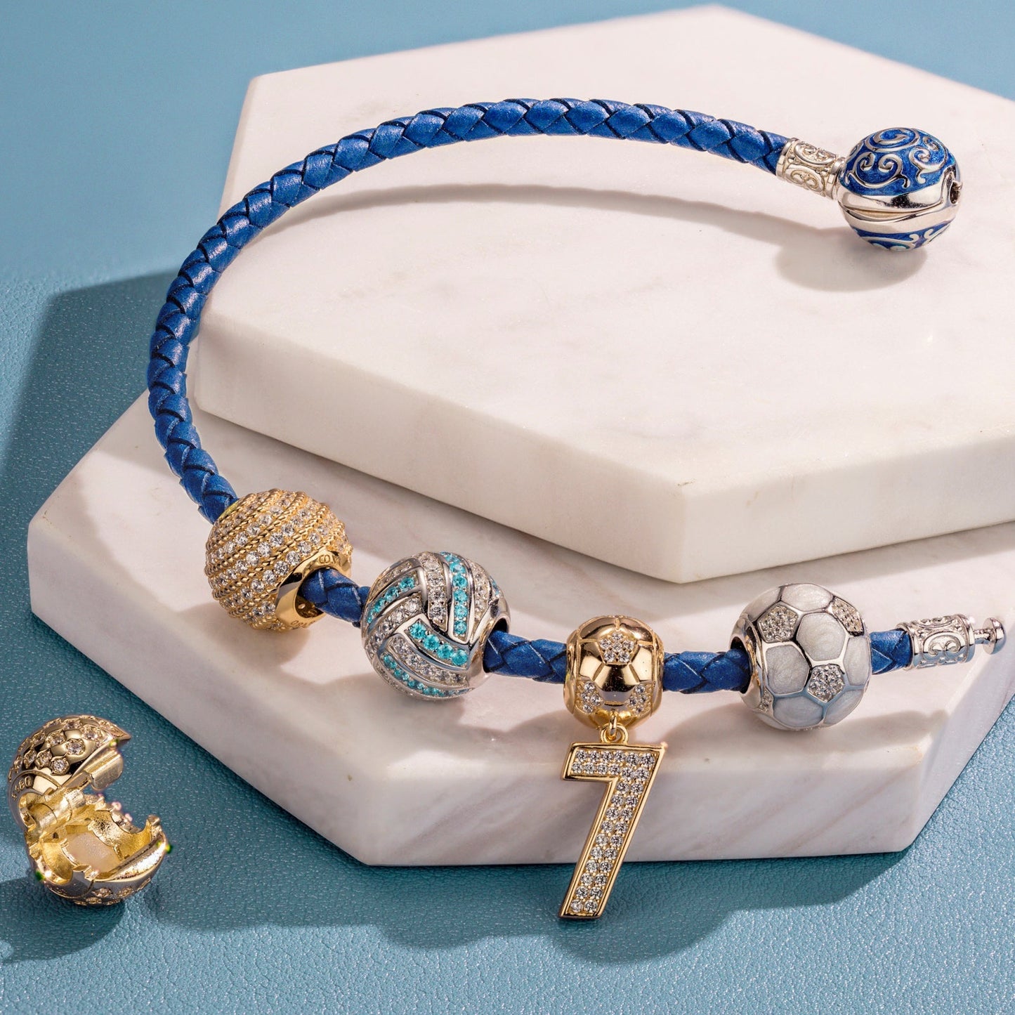 Sterling Silver Soccer Legend Charms Bracelet Set With Enamel, Featuring Dual Plating in 14K Gold and White Gold