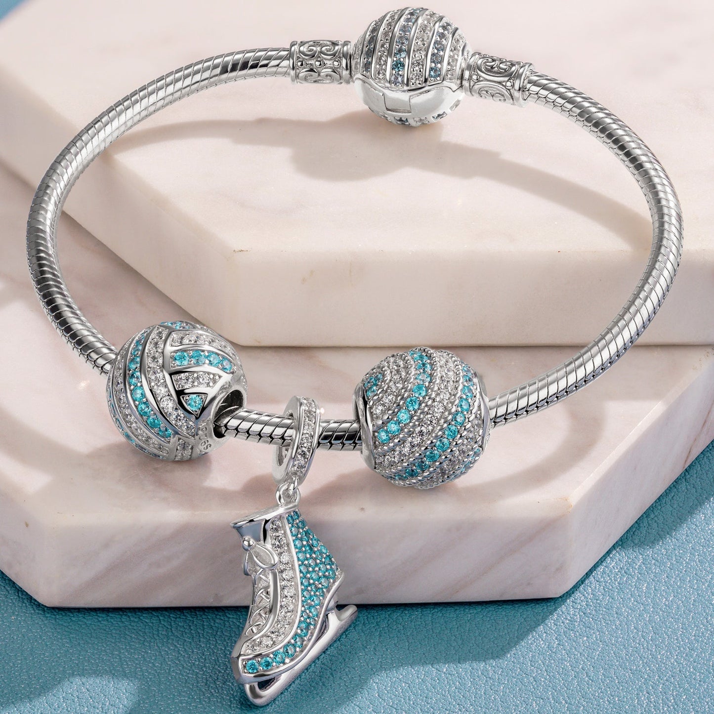 Sterling Silver Ice Waltz Charms Bracelet Set In White Gold Plated