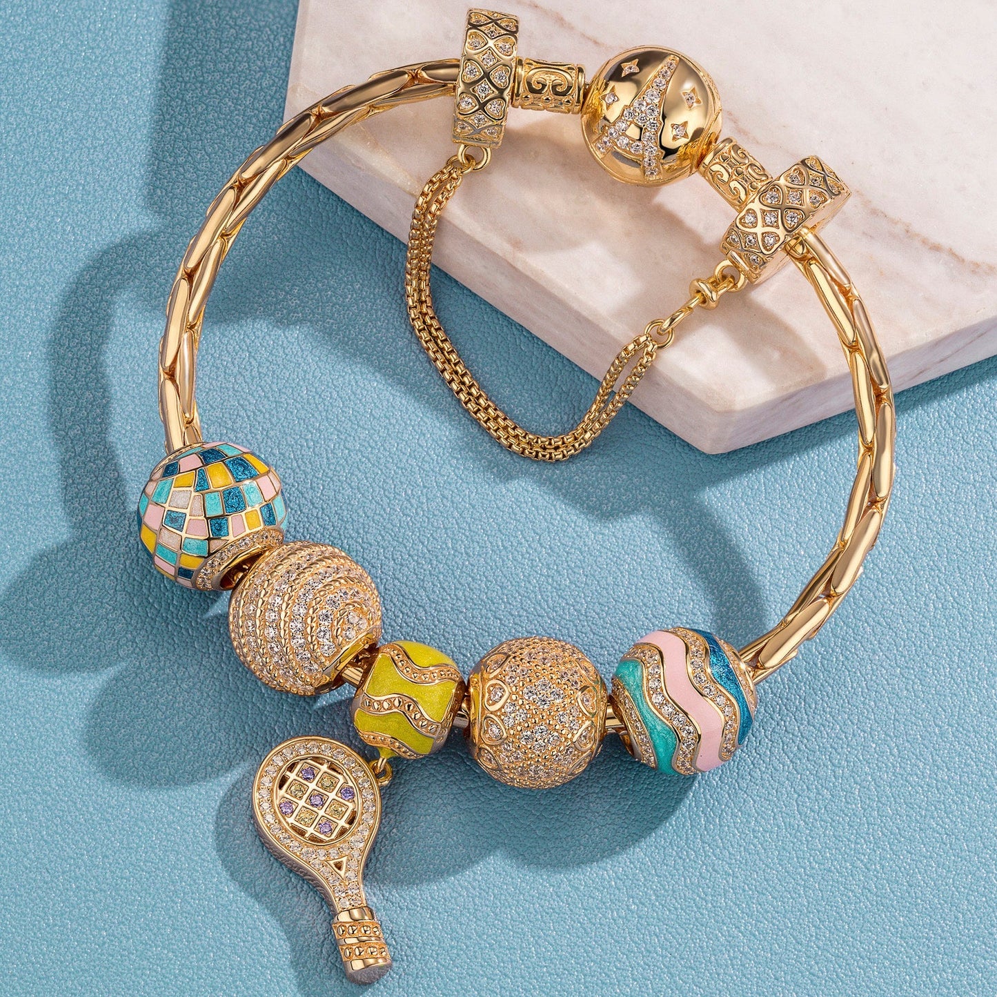 Sterling Silver Vibrant Tennis Charms Bracelet Set With Enamel In 14K Gold Plated