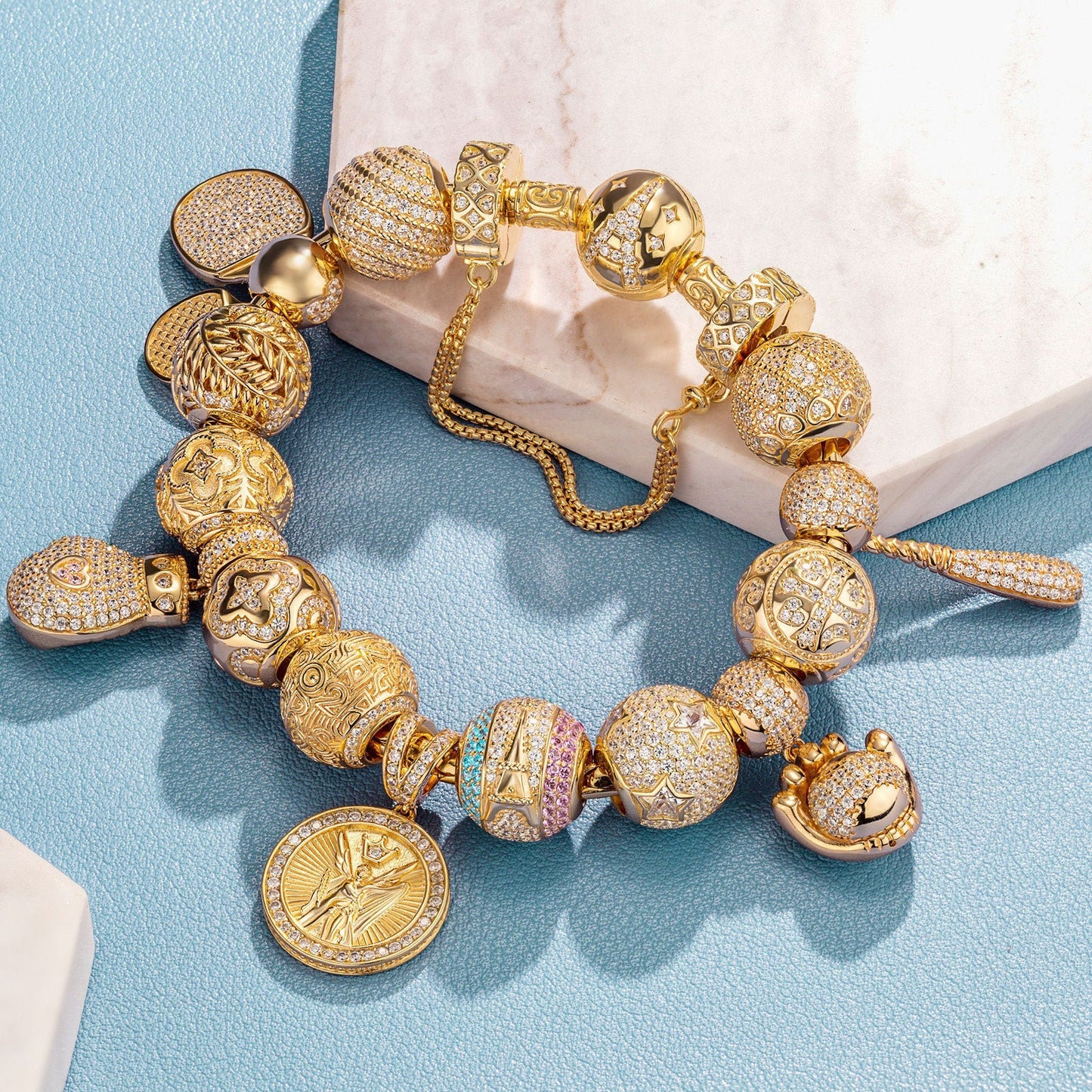 Sterling Silver New Age Sportsmanship Charms Bracelet Set In 14K Gold Plated