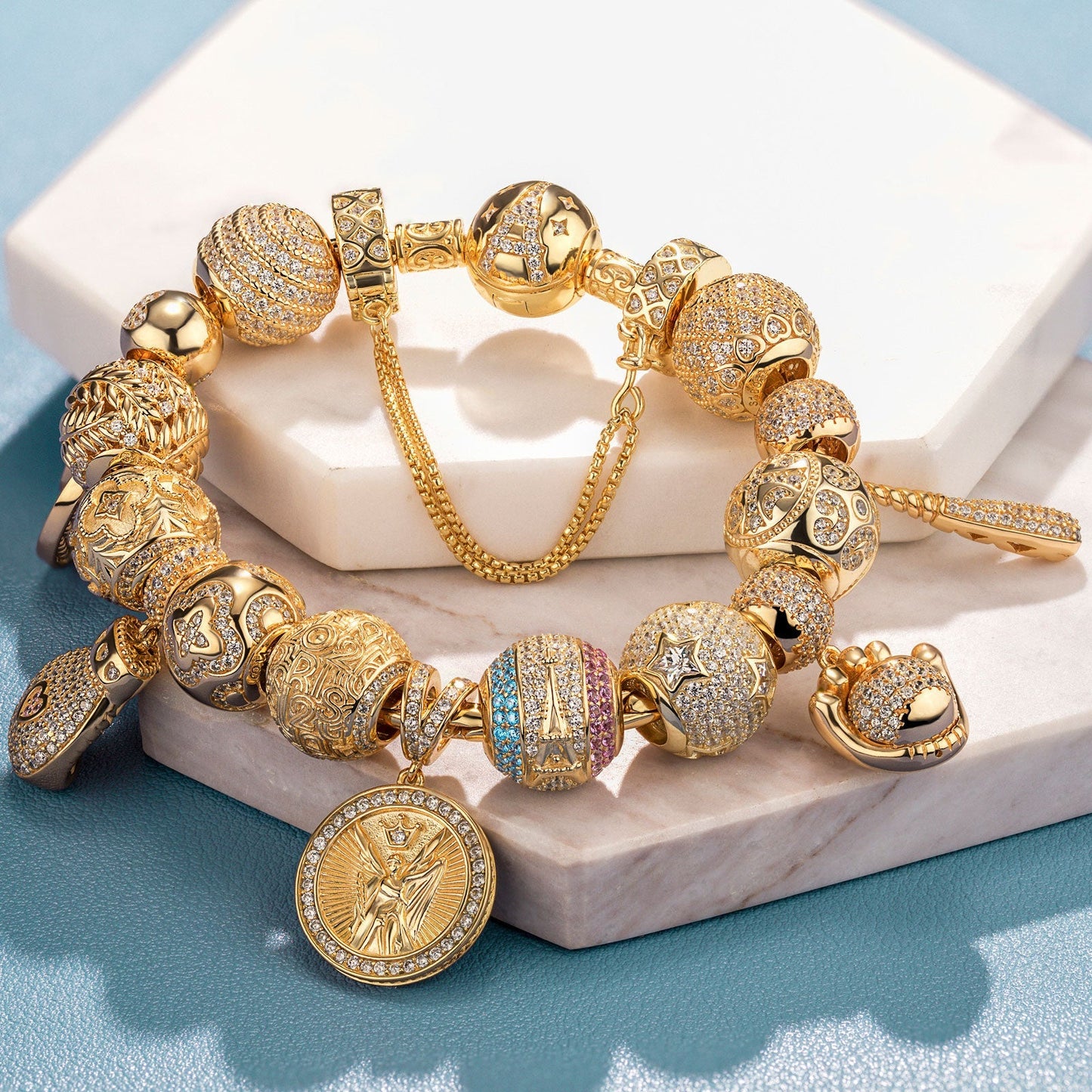 Sterling Silver New Age Sportsmanship Charms Bracelet Set In 14K Gold Plated