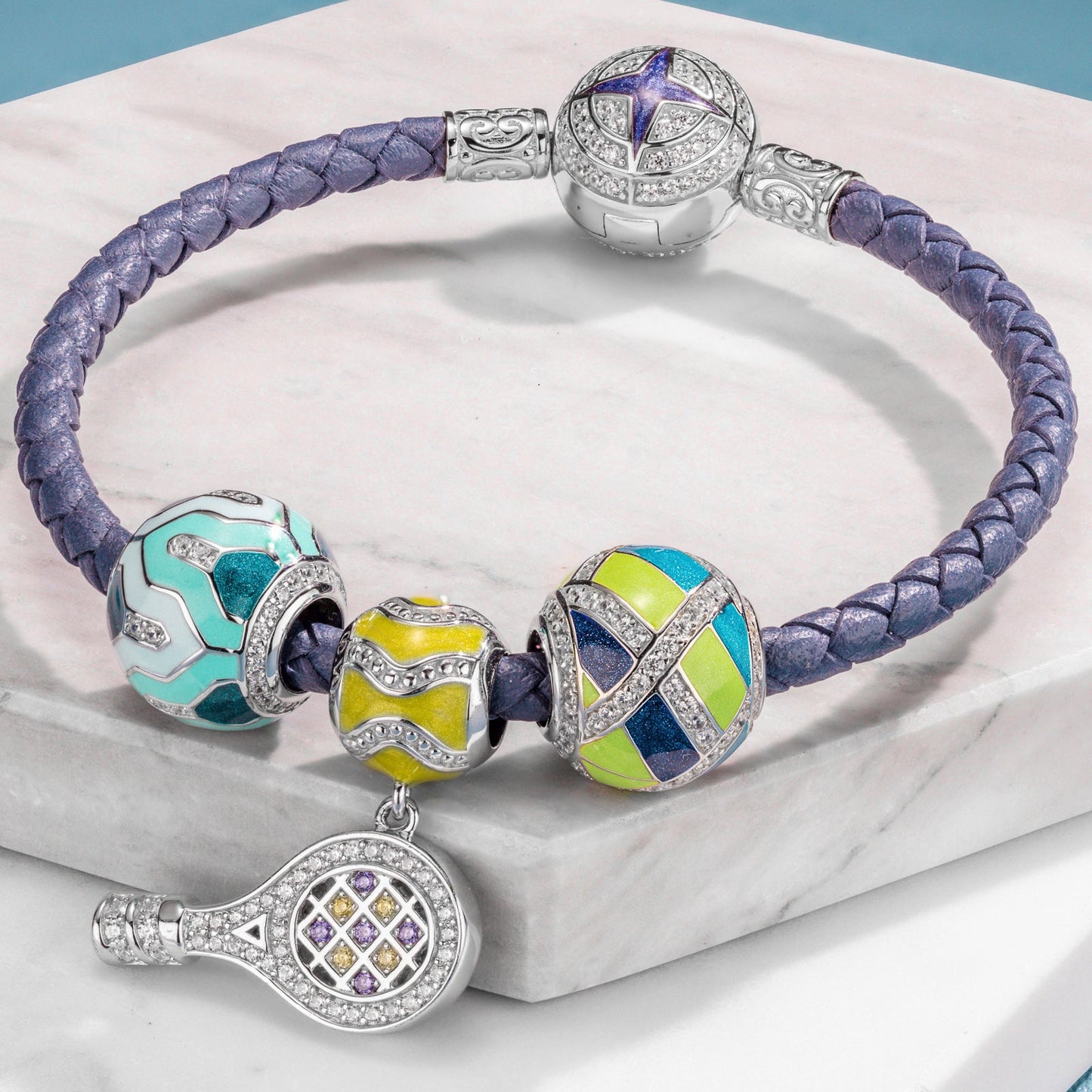 Sterling Silver Cute Tennis Charms Bracelet Set With Enamel In White Gold Plated
