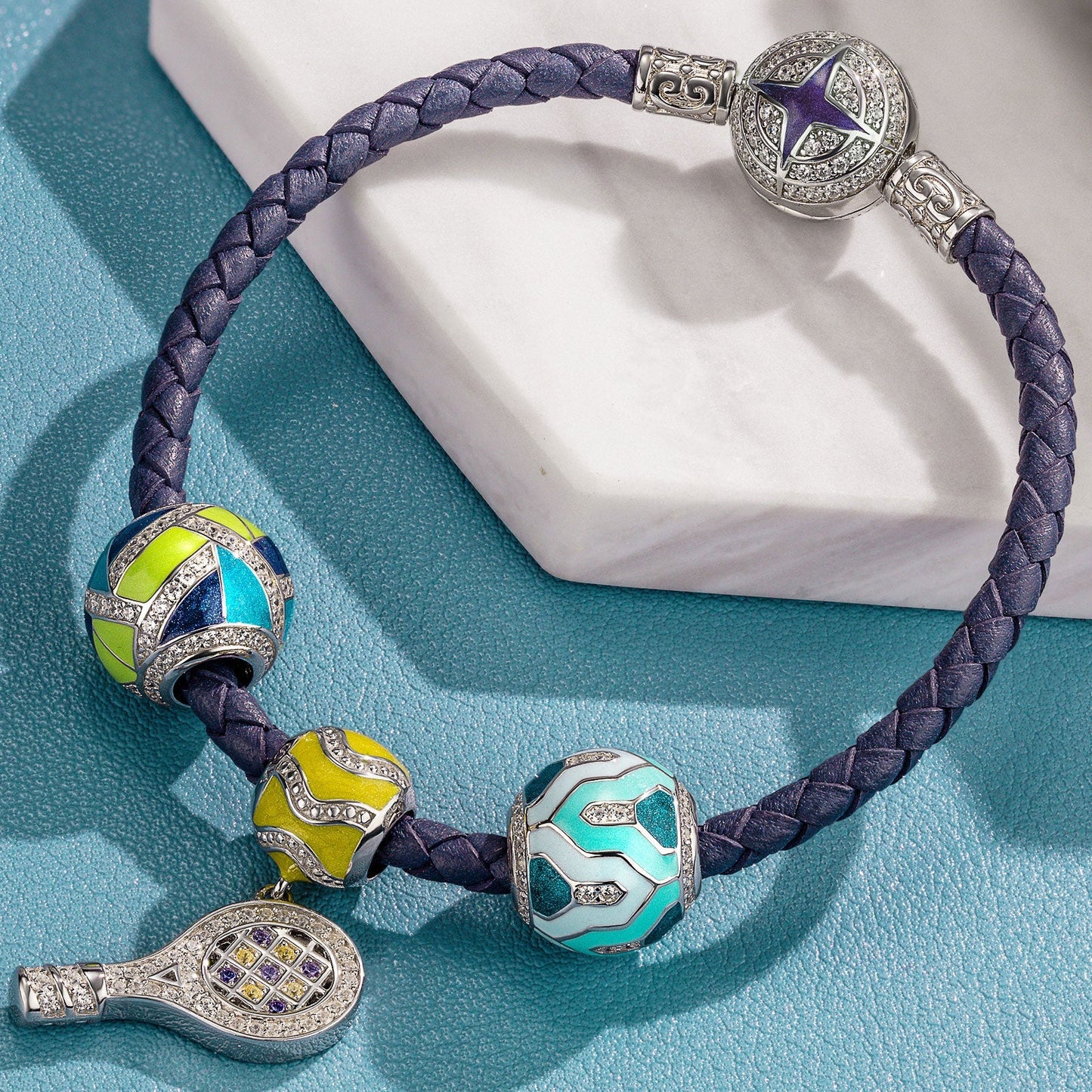 Sterling Silver Cute Tennis Charms Bracelet Set With Enamel In White Gold Plated