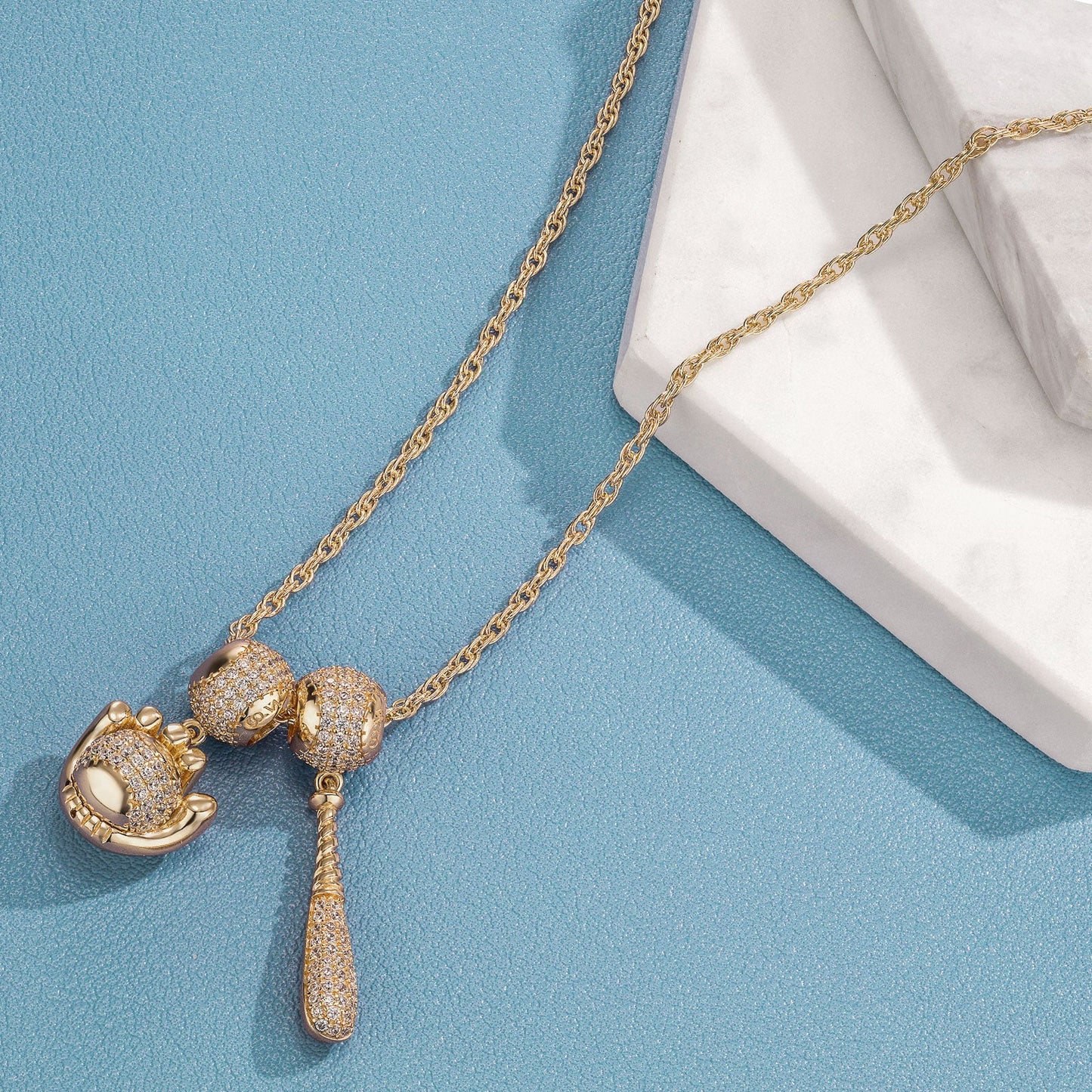 Sterling Silver Vitality of Baseball. Charms Necklace Set In 14K Gold Plated
