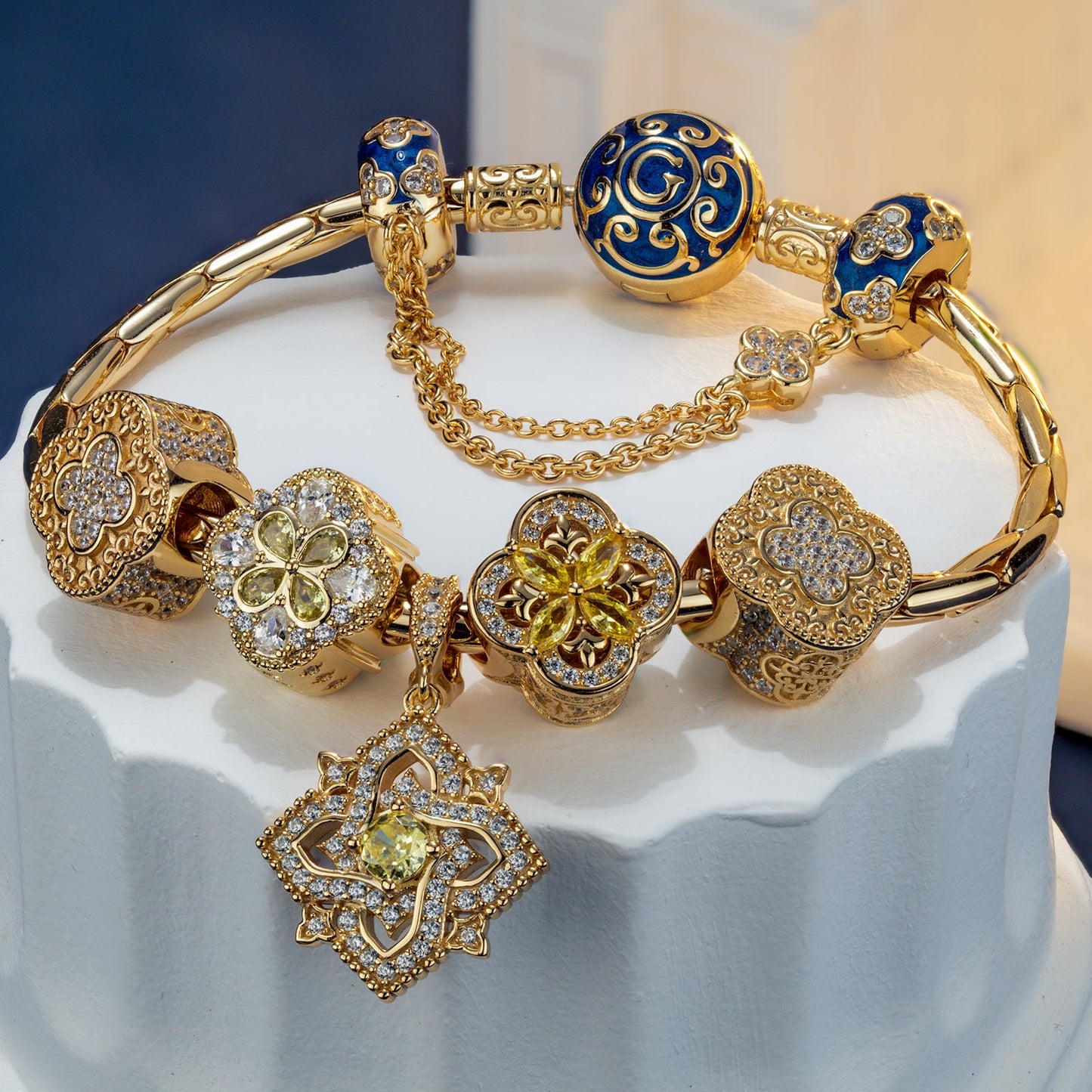 Sterling Silver Sunlit Clover Charms Bracelet Set With Enamel In 14K Gold Plated