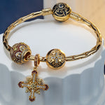 Sterling Silver Golden Cross Charms Bracelet Set With Enamel In 14K Gold Plated