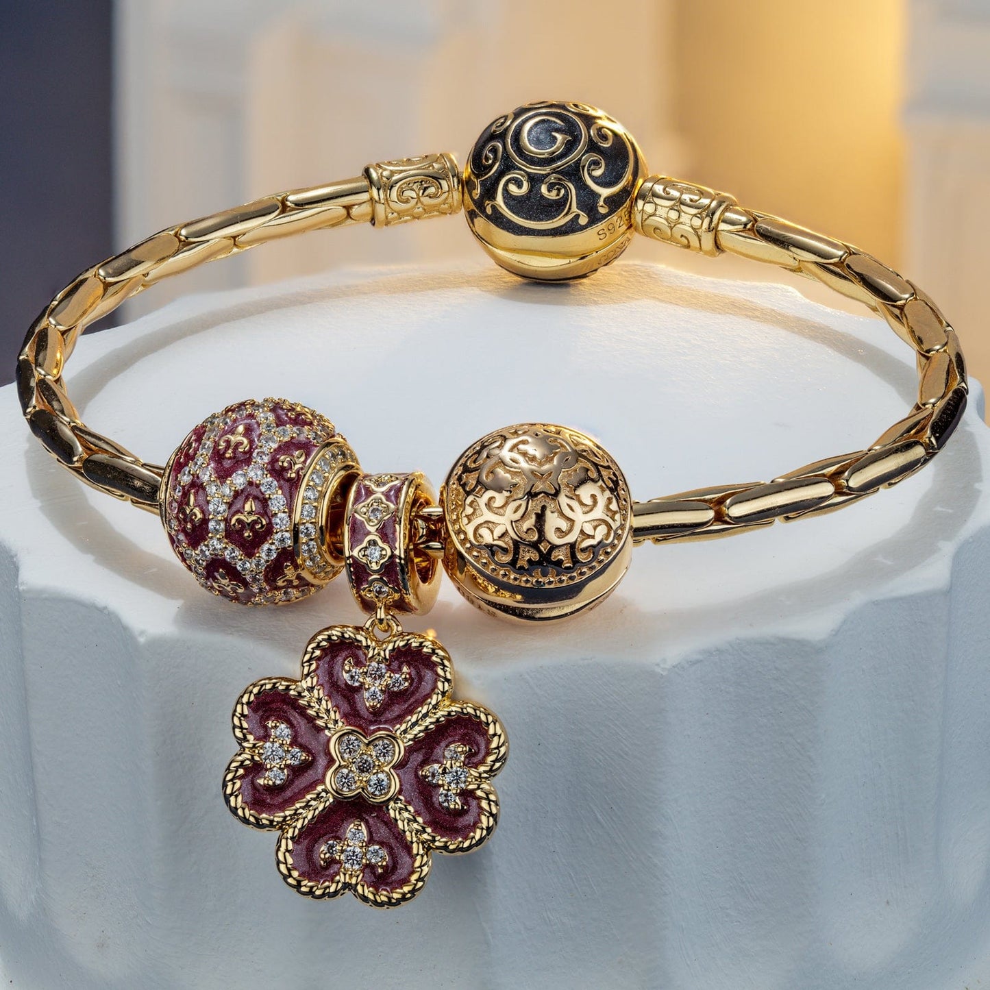 Sterling Silver Lucky Blooms Charms Bracelet Set With Enamel In 14K Gold Plated