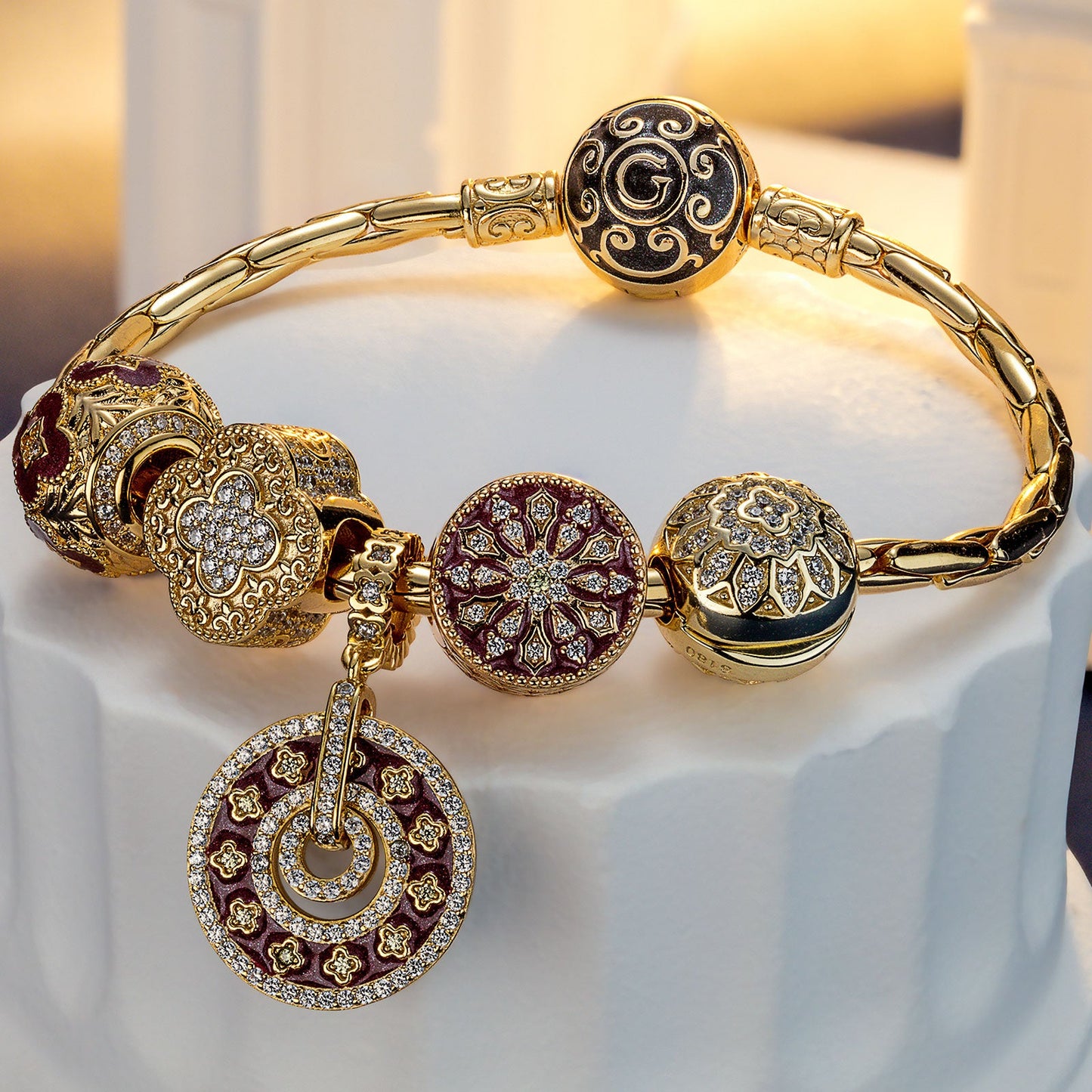 Sterling Silver Regal and Luxurious Charms Bracelet Set With Enamel In 14K Gold Plated