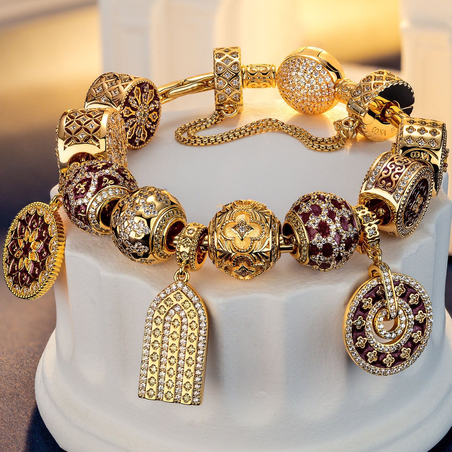 Sterling Silver Golden Shimmering Charms Bracelet Set With Enamel In 14K Gold Plated