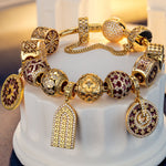 Sterling Silver Golden Shimmering Charms Bracelet Set With Enamel In 14K Gold Plated
