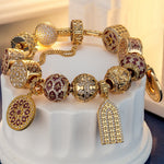 Sterling Silver Golden Shimmering Charms Bracelet Set With Enamel In 14K Gold Plated