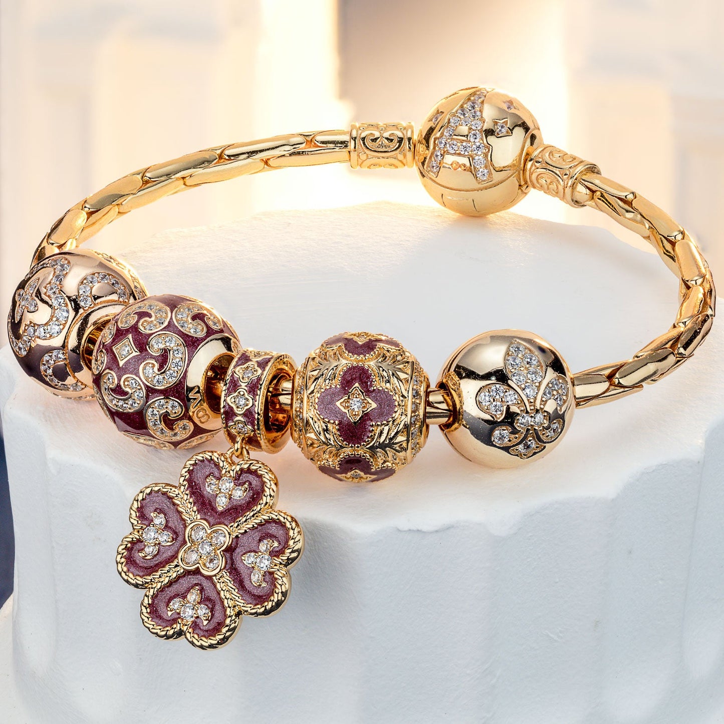 Sterling Silver Stained Window Charms Bracelet Set With Enamel In 14K Gold Plated