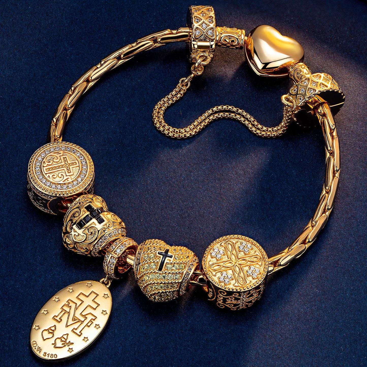 Sterling Silver Jesus and The Cross Charms Bracelet Set In 14K Gold Plated