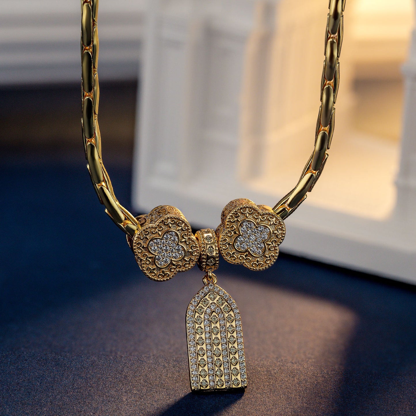 Sterling Silver Graceful Golden Clover Charms Necklace Set In 14K Gold Plated