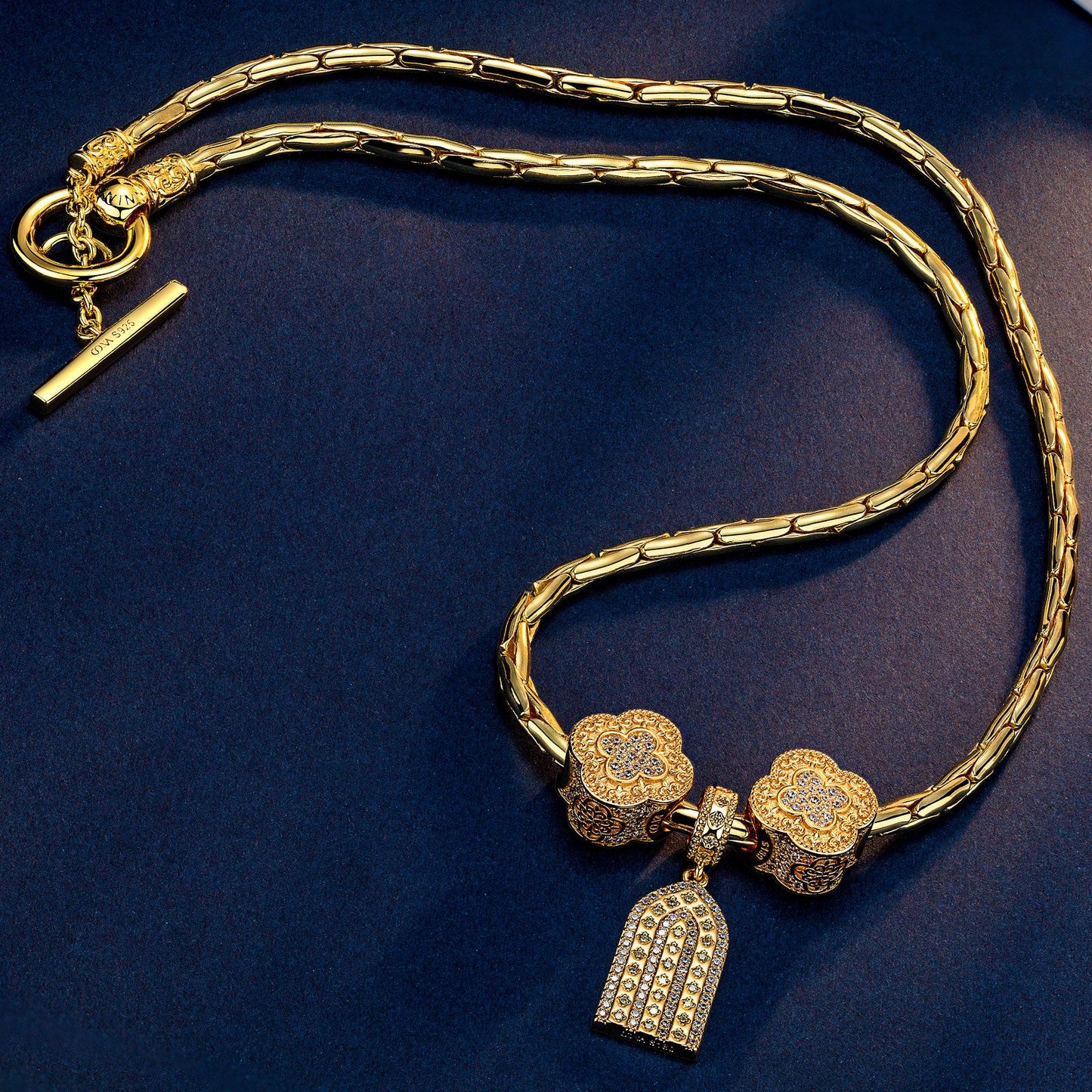 Sterling Silver Graceful Golden Clover Charms Necklace Set In 14K Gold Plated