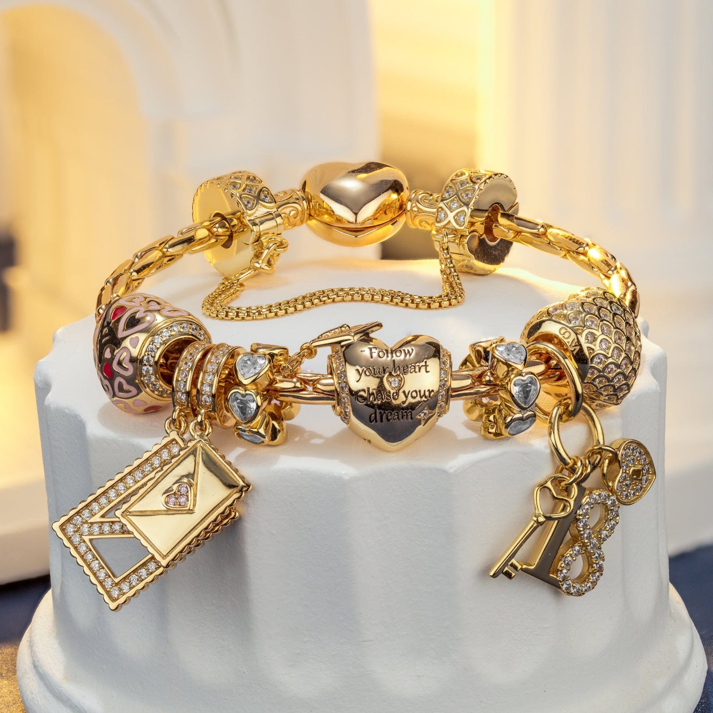 Sterling Silver Chase Dreams Charms Bracelet Set With Enamel In 14K Gold Plated