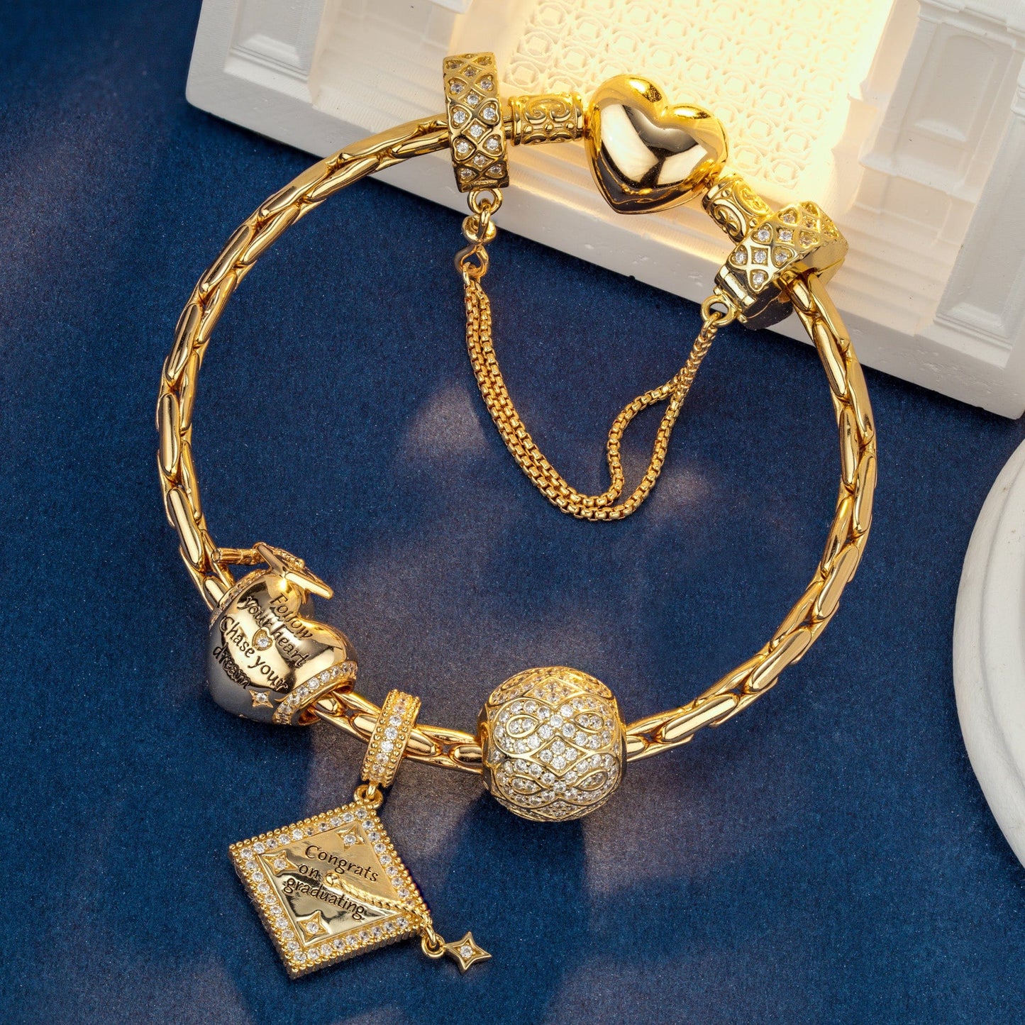 Sterling Silver Congrats on Graduating Charms Bracelet Set In 14K Gold Plated