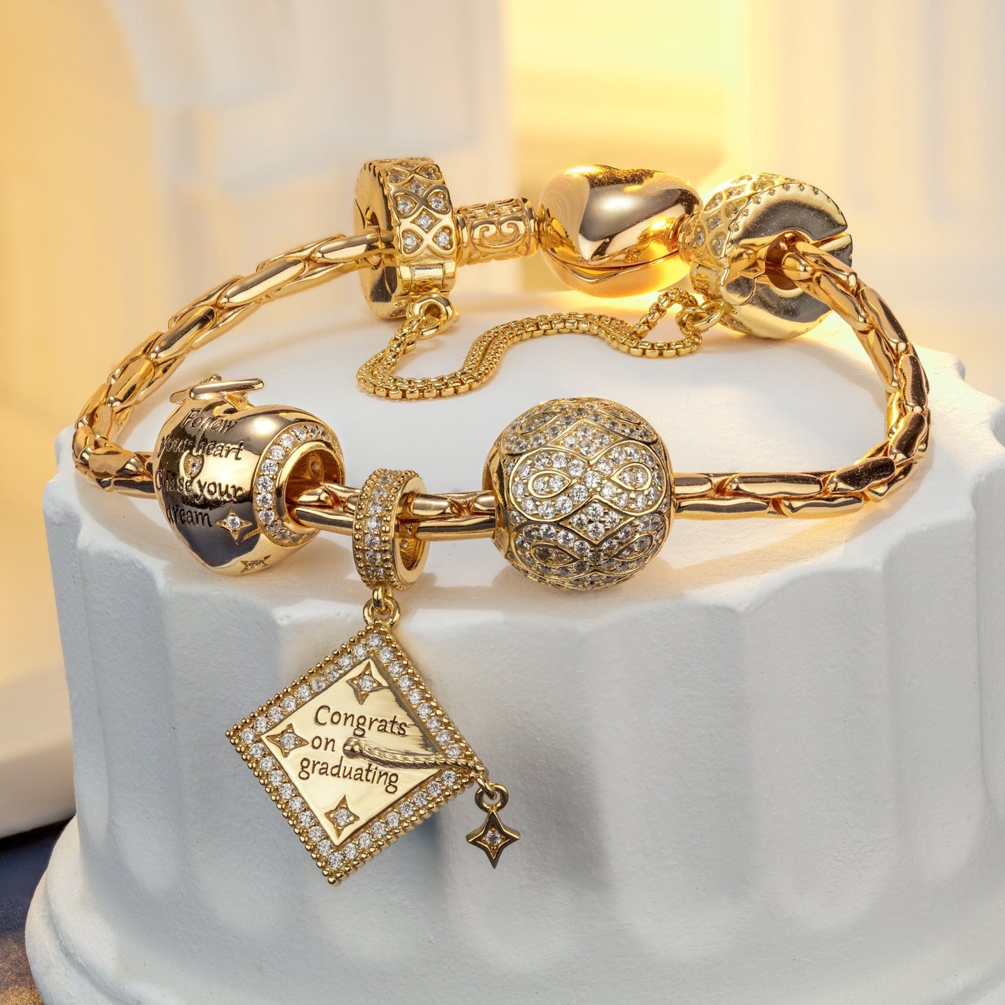 Sterling Silver Congrats on Graduating Charms Bracelet Set In 14K Gold Plated