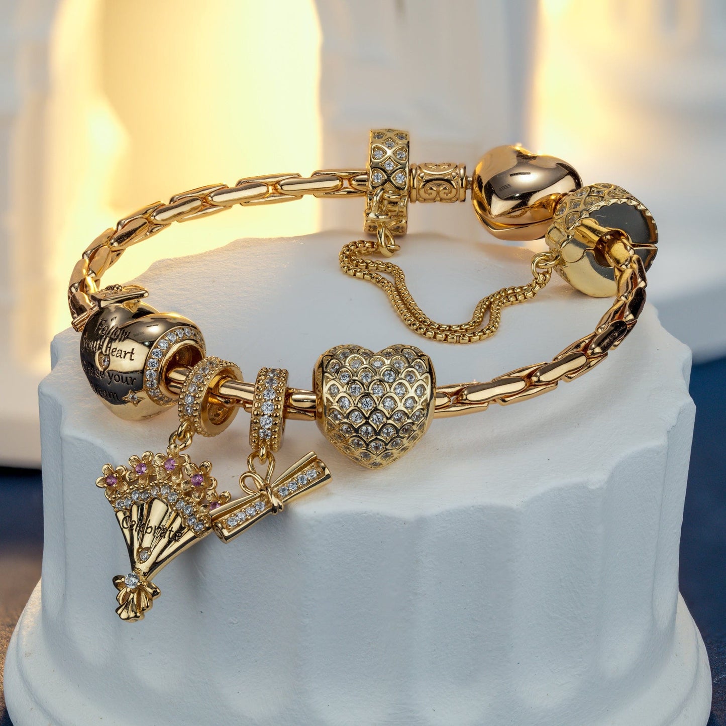 Sterling Silver Grad Flowers Charms Bracelet Set In 14K Gold Plated
