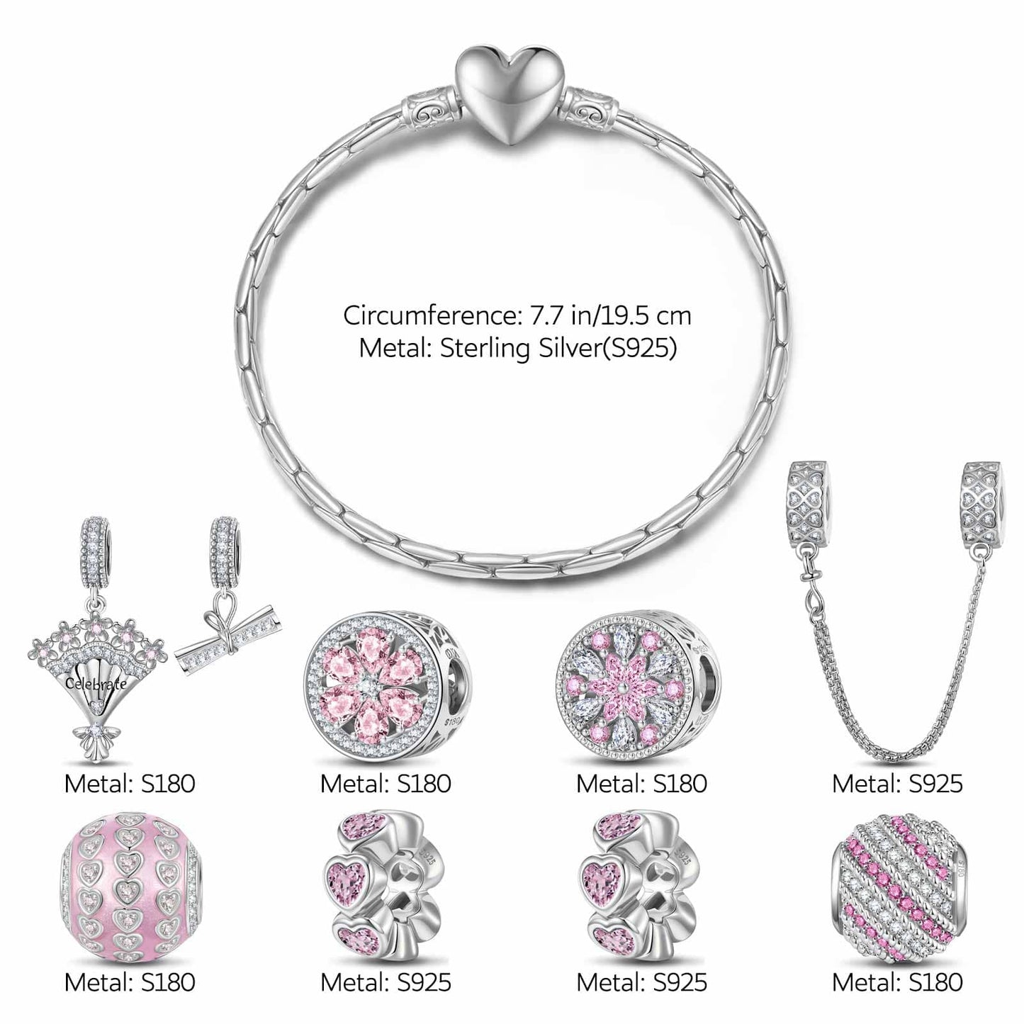 Sterling Silver Achievement Blossoms Charms Bracelet Set With Enamel In White Gold Plated