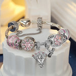 Sterling Silver Achievement Blossoms Charms Bracelet Set With Enamel In White Gold Plated