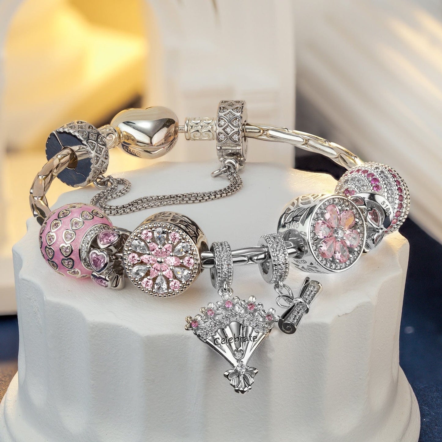 Sterling Silver Achievement Blossoms Charms Bracelet Set With Enamel In White Gold Plated