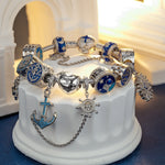 Sterling Silver Dreams Set Sail Charms Bracelet Set With Enamel In White Gold Plated