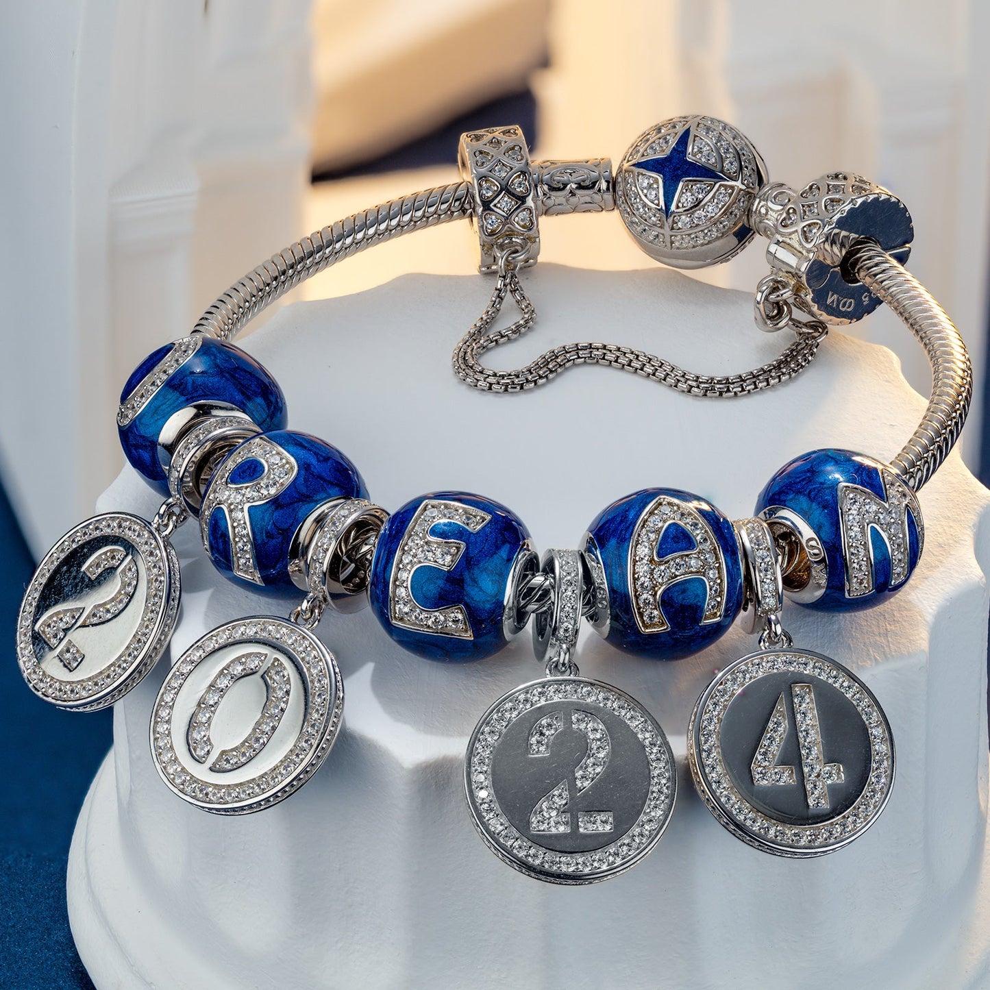 Sterling Silver Dreams' Beginnings Charms Bracelet Set With Enamel In White Gold Plated