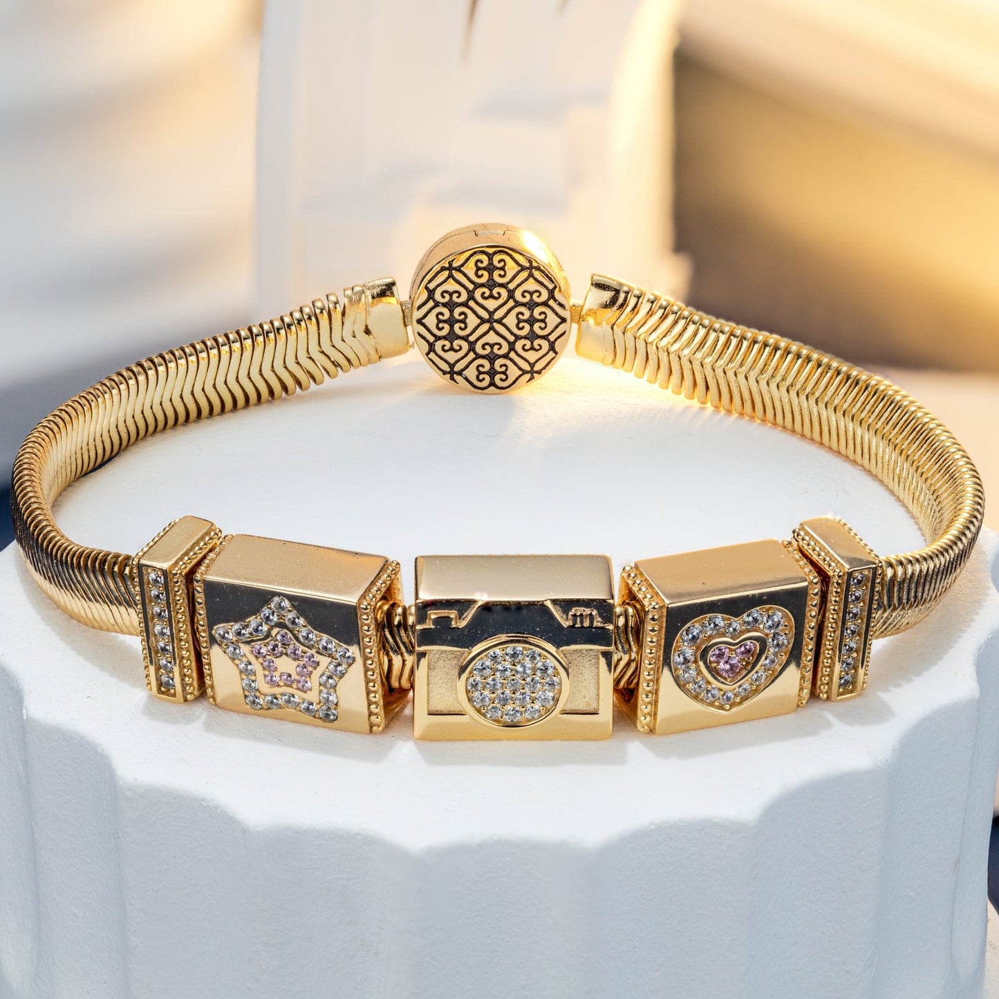 Sterling Silver Memories Starlight Rectangular Charms Bracelet Set In 14K Gold Plated