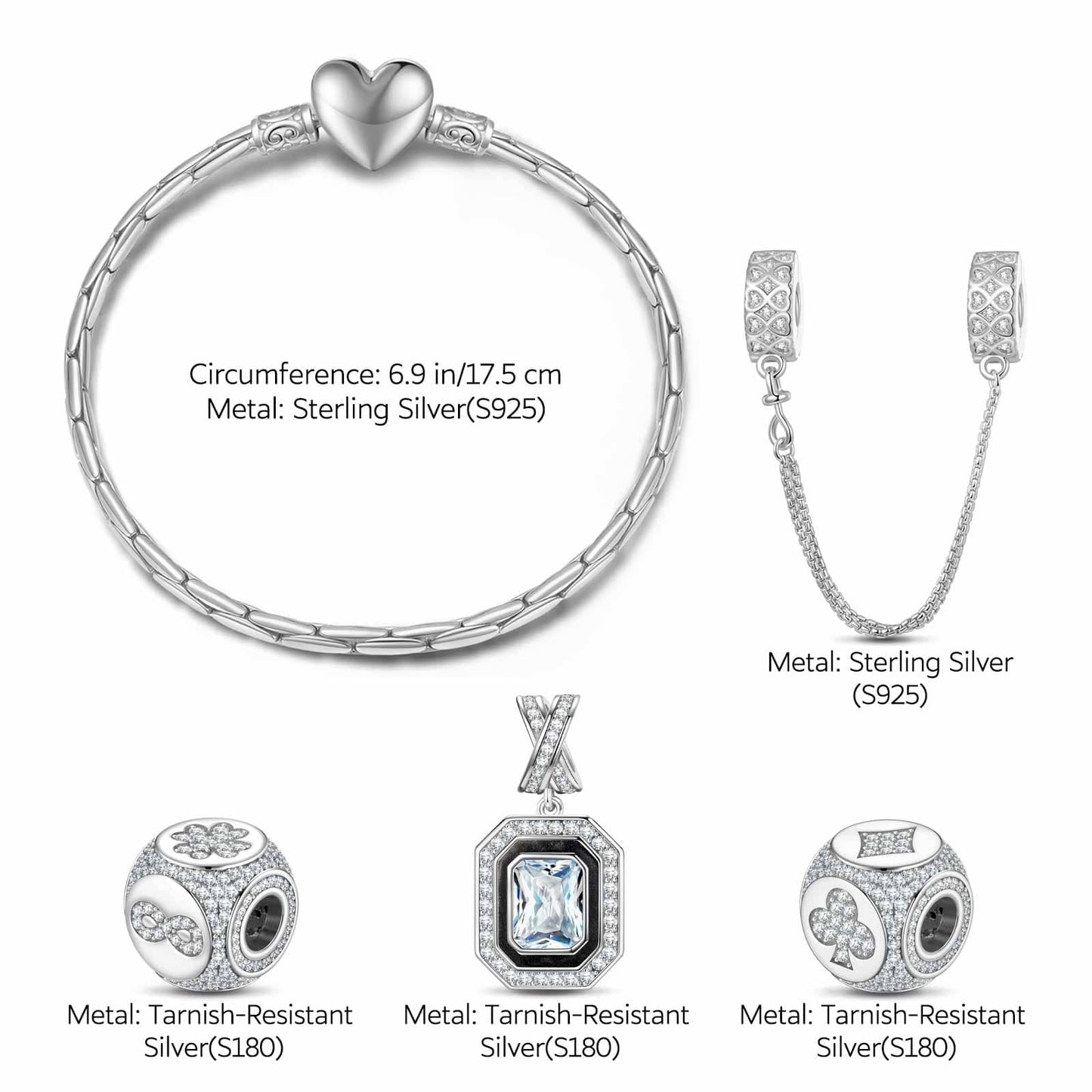 Sterling Silver Interlaced Fate Charms Bracelet Set With Enamel In White Gold Plated