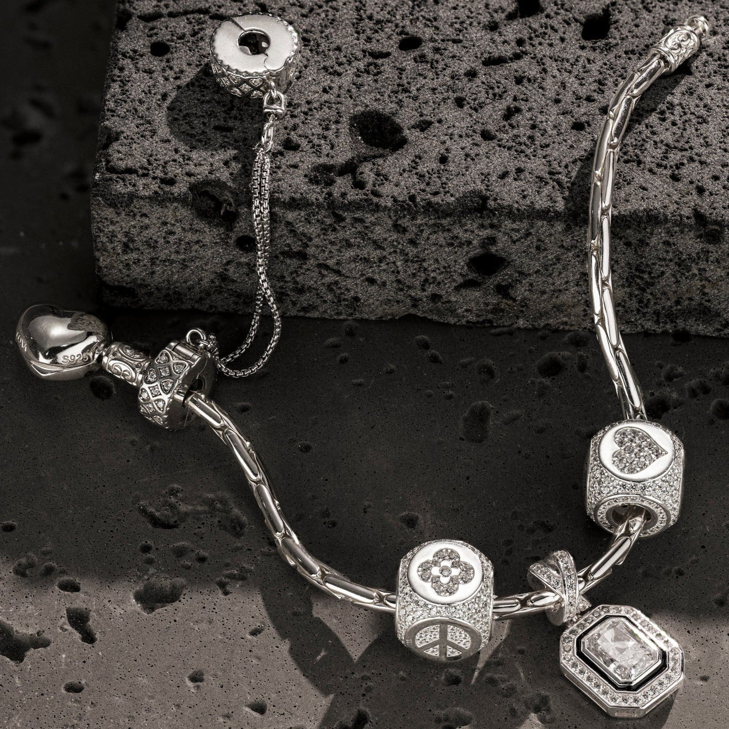 Sterling Silver Interlaced Fate Charms Bracelet Set With Enamel In White Gold Plated