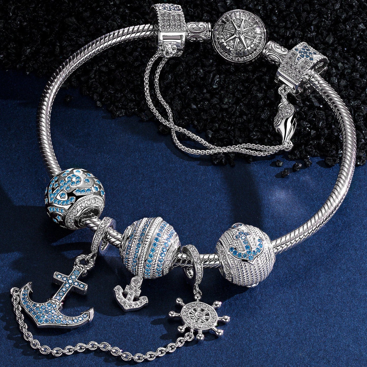 Sterling Silver Anchor of Hope Charms Bracelet Set In White Gold Plated