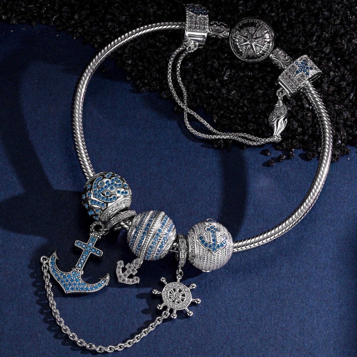Sterling Silver Anchor of Hope Charms Bracelet Set In White Gold Plated
