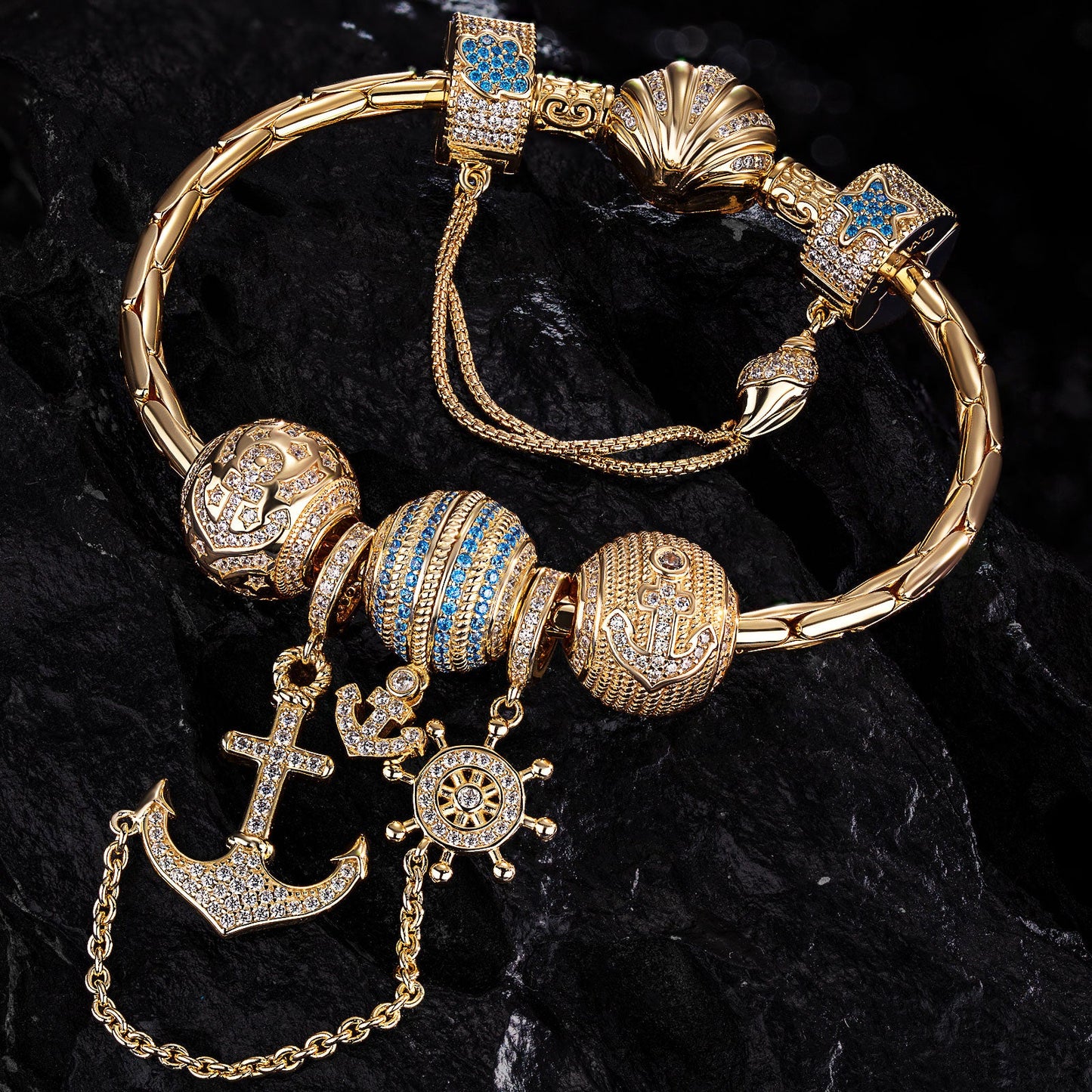 Sterling Silver Anchor of Hope Charms Bracelet Set In 14K Gold Plated
