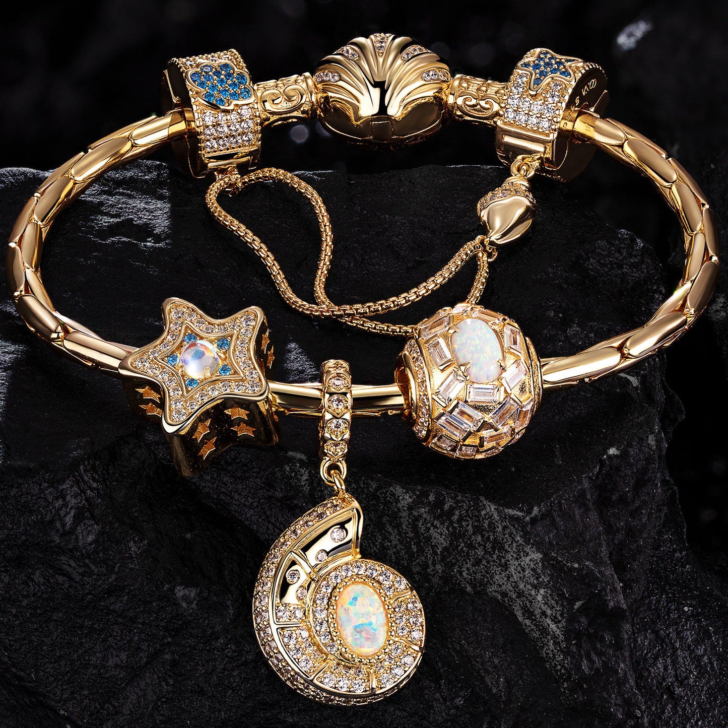Sterling Silver Starlit Treasures Moonstone Charms Bracelet Set In 14K Gold Plated