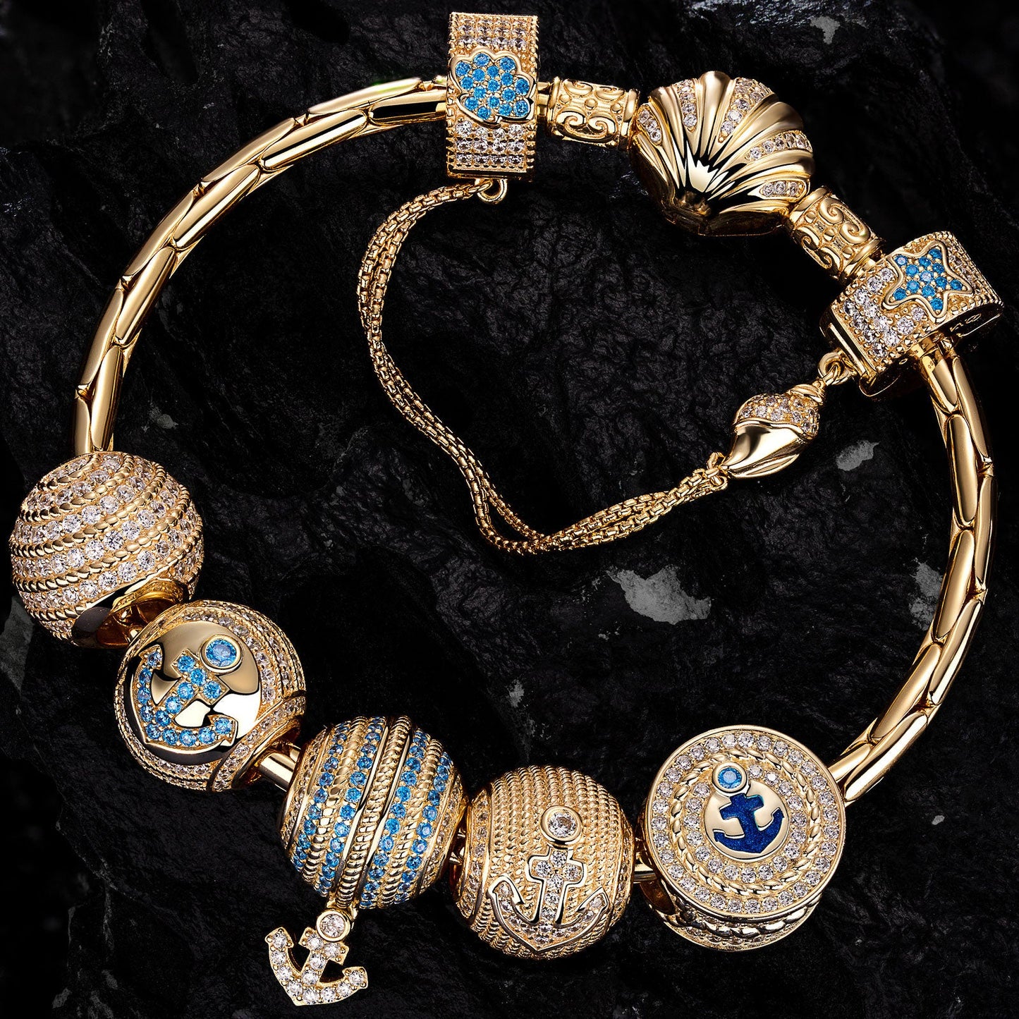 Sterling Silver Adventure's Anchor Charms Bracelet Set With Enamel In 14K Gold Plated