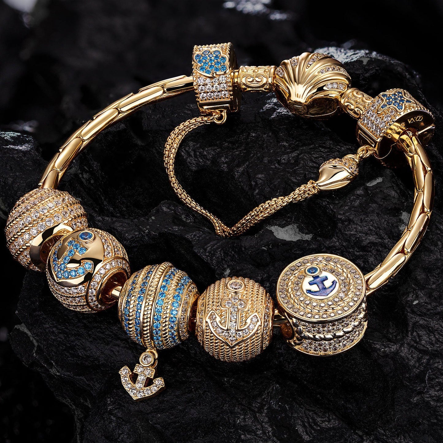 Sterling Silver Adventure's Anchor Charms Bracelet Set With Enamel In 14K Gold Plated