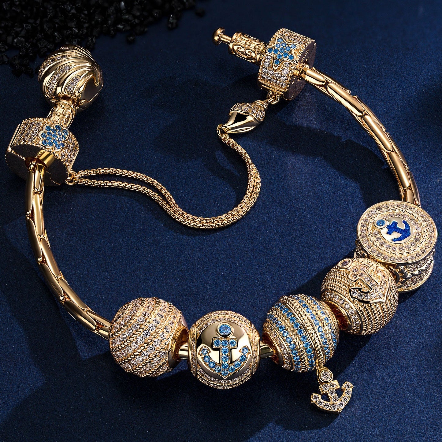 Sterling Silver Adventure's Anchor Charms Bracelet Set With Enamel In 14K Gold Plated
