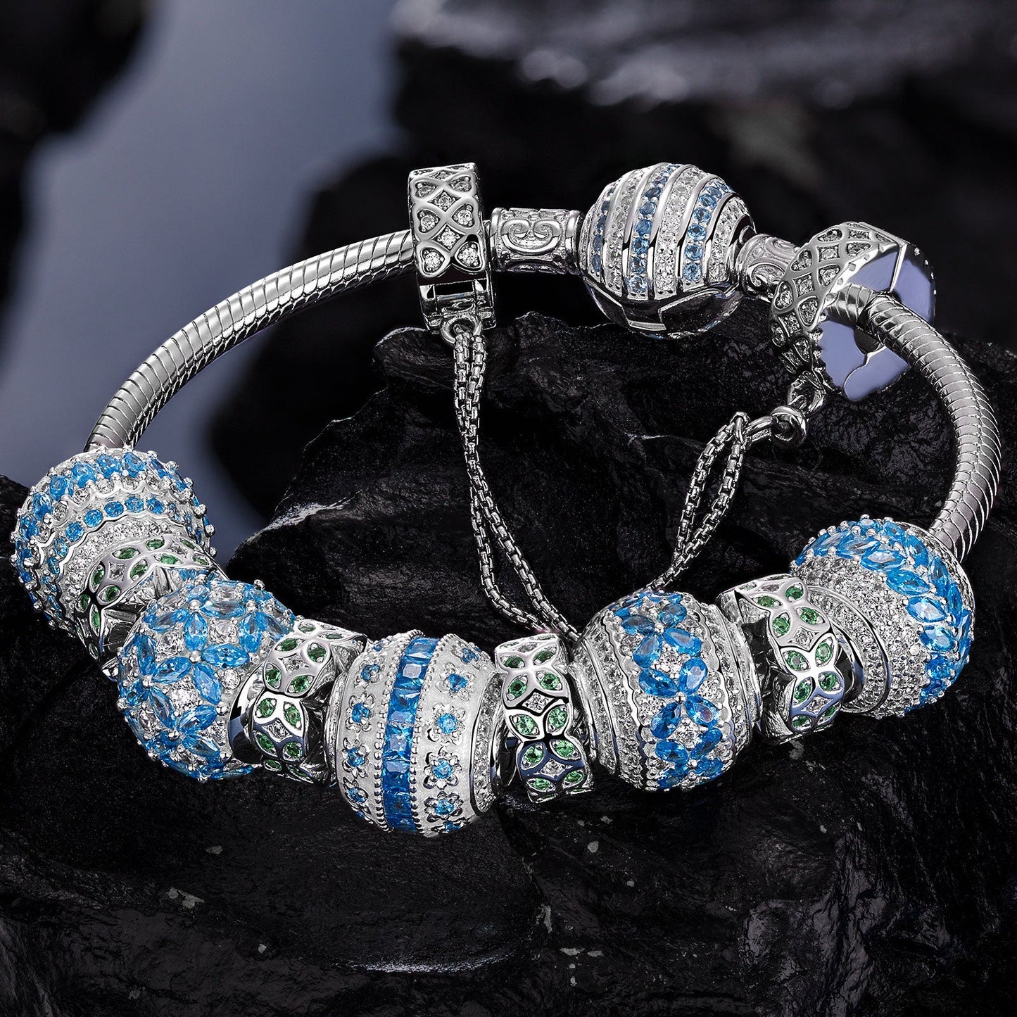 Sterling Silver Blue Horizon Harmony Charms Bracelet Set In White Gold Plated