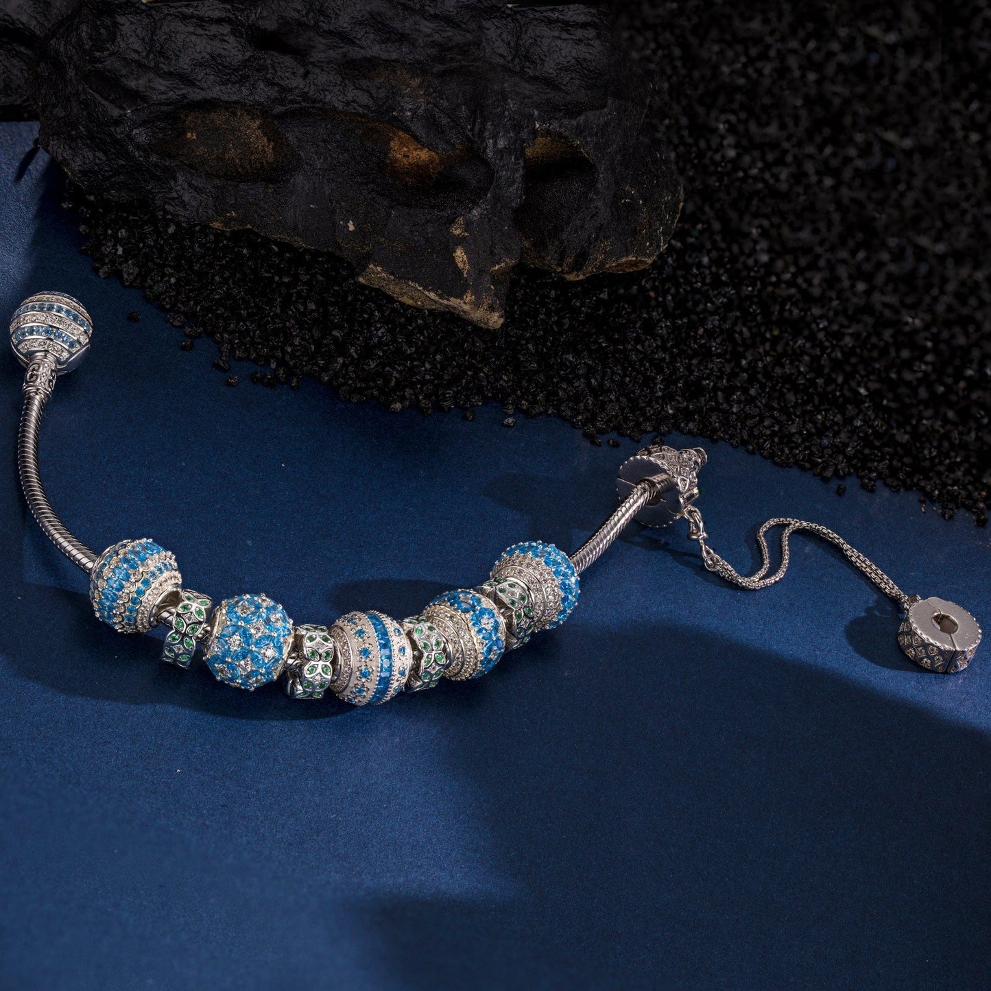 Sterling Silver Blue Horizon Harmony Charms Bracelet Set In White Gold Plated