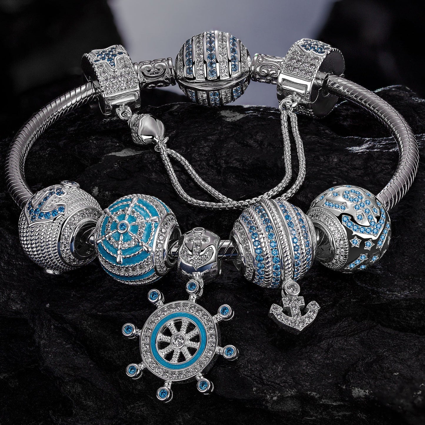 Sterling Silver Anchor of Wisdom Charms Bracelet Set With Enamel In White Gold Plated