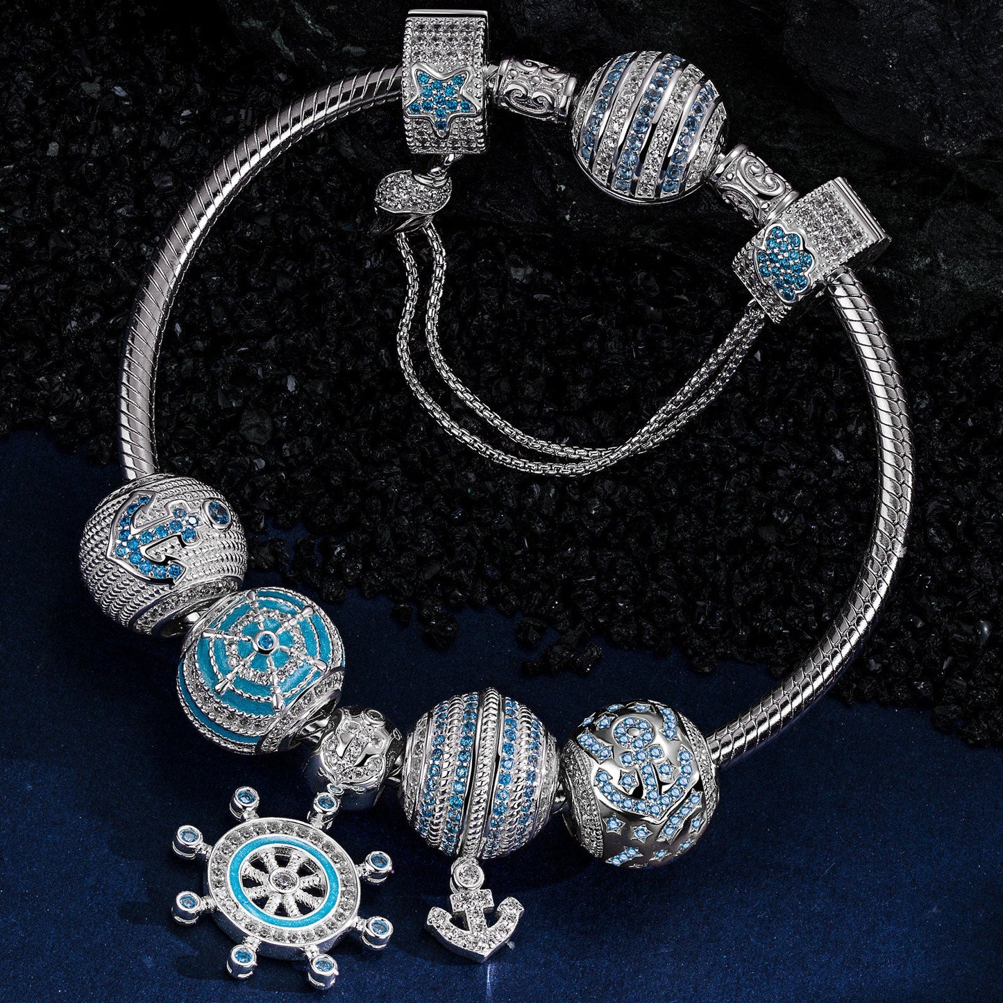 Sterling Silver Anchor of Wisdom Charms Bracelet Set With Enamel In White Gold Plated