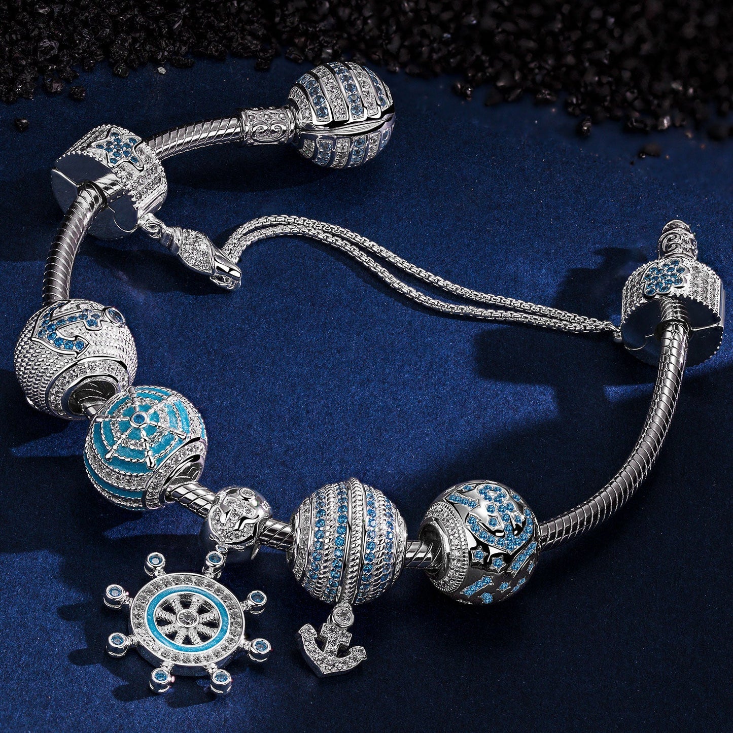 Sterling Silver Anchor of Wisdom Charms Bracelet Set With Enamel In White Gold Plated