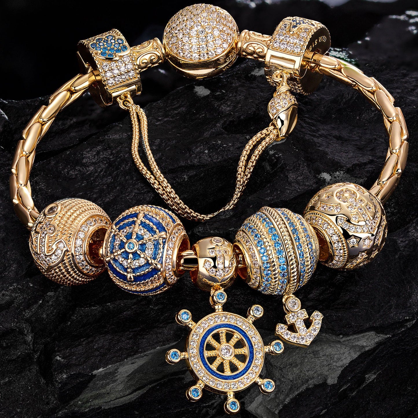 Sterling Silver Anchor of Wisdom Charms Bracelet Set With Enamel In 14K Gold Plated