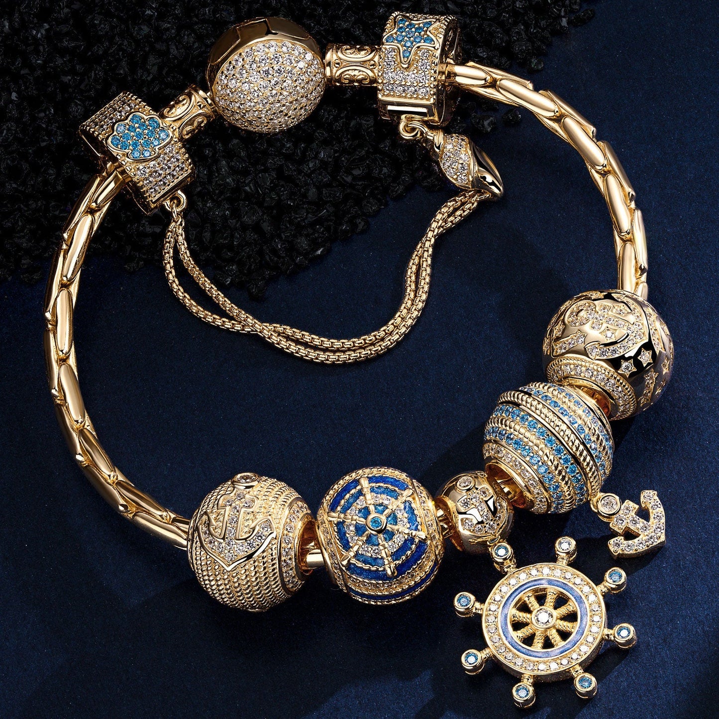 Sterling Silver Anchor of Wisdom Charms Bracelet Set With Enamel In 14K Gold Plated