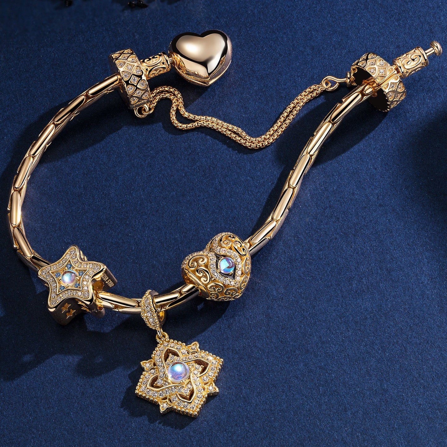 Sterling Silver Submerged Moonstone Charms Bracelet Set In 14K Gold Plated