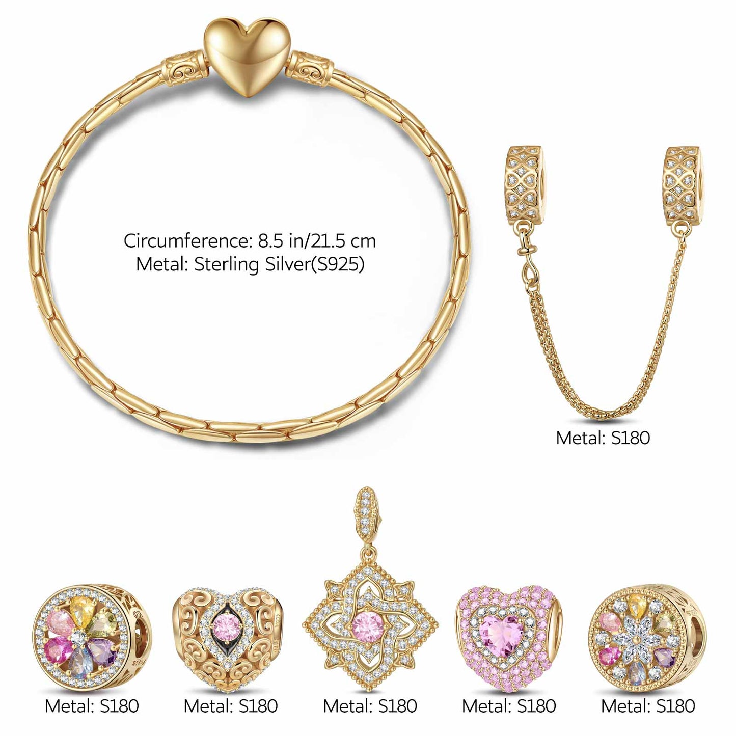 Sterling Silver Amour and Blossom Birthstone Charms Bracelet Set With Enamel In 14K Gold Plated